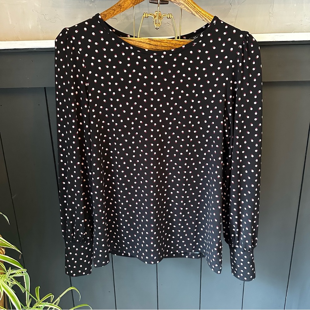 Tahari Polka Navy Pink Dot Long Sleeve Blouse Top sz M